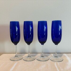 Vintage Set of 4 Cobalt Blue Glass Long Stem Champagne/Wine Flutes 8” ELEGANT!